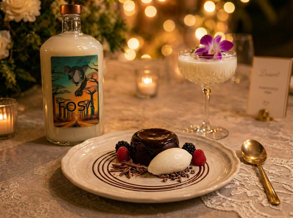 Punch Coco FOSA servi en coupe avec dessert raffiné