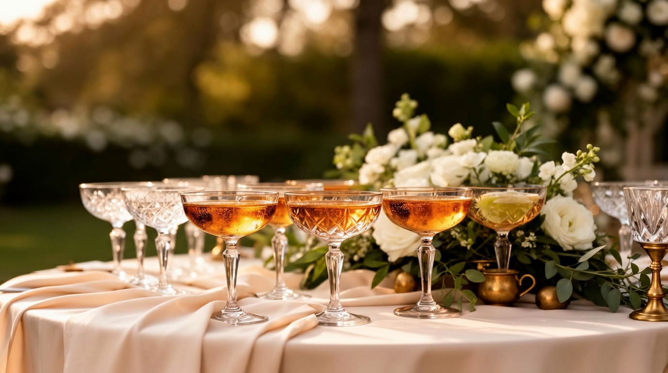 Verres en cristal disposés sur une table de vin d'honneur élégante au coucher du soleil